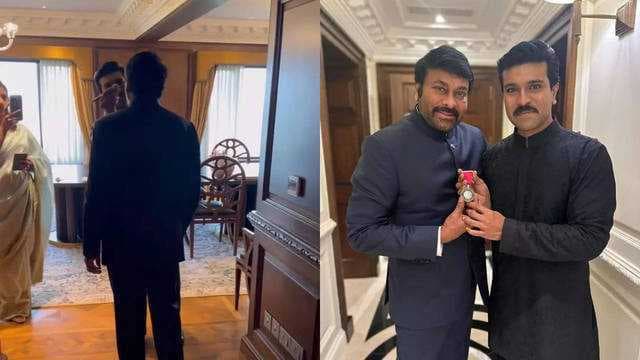 Ram Charan does final touch-up for his father Megastar Chiranjeevi before receiving Padma Vibhushan